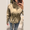 Spring Autumn Solid Women Short Windbreaker Stand Collar Long Sleeve Belt Single Breasted Female Coat Elegant Lady Outwear