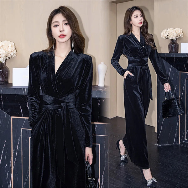 Temperamnet Velvet Jumpsuit For Women Elegant V-neck Long Sleeve Slim Wide-Leg Pants with Brooch