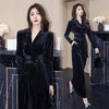 Temperamnet Velvet Jumpsuit For Women Elegant V-neck Long Sleeve Slim Wide-Leg Pants with Brooch