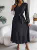 Spring Autumn Elegant Buttons V Neck Lantern Long Sleeve Lace Up Pleated Dress Khaki Blue Red Green Black Women Dresses