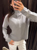 Grey Stand Collar Knit Cardigan Women's Full Sleeve Zippers Pocket Coats Autumn Lady Daily Casual Streetwear