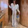 Elegant Satin Polka Dots Women's Maxi Dress Suit Ribbon V Neck Full Sleeve Waist Cinching Skirt Sets Evening Party Outfit