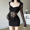 Black Mysterious Sexy Lace Stitching Mature Fishbone Beautiful Sweet Gentle Women'S Winter Long Sleeve Hip Short Dress