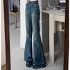 Woman High Waist Vintage Casual Flare Jeans Girls Elastic Slim Fit Bell Bottom Pants Lady Blue Black Grey Denim Trousers