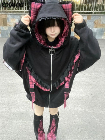 Japanrse Y2k Aesthetic Lace Ruffle Plaid Hoodies Thick Jacket Women Kawaii Streetwear Harajuku Coats Casual Loose Grunge Coats