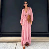 Casual Solid Ruffles Patchwork Robe Women Minimalist Full Sleeve Mesh Loose Fit Lace Up Maxi Dress Vacation Daily Date Wear