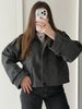 Vintage Loose Stand Collar Woolen Coat for Women Casual Solid Full Sleeve Warm Cropped Overcoat High Street Outwear