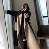 Women Autumn Winter Double-faced Polyester Blends Long Style Elegant Patchwork Woolen Overcoat High Street Slim Sashes Outerwear