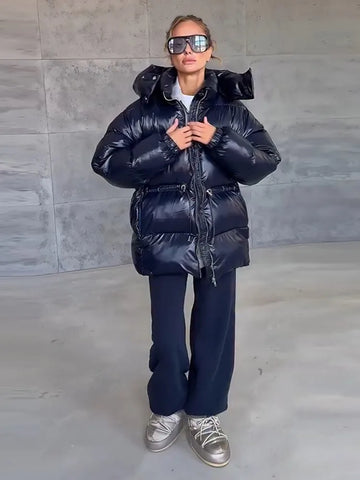 Shiny Drawstring Hooded Puffer Coat Zip Up Loose Warm Collar Pocket Autumn Women Daily Outerwear Casual Chic Lady Overcoat
