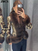 Printed Faux Fur Splicing Jacket Autumn Winter V-neck Slim Waist Cinched Full Sleeve Cropped Coat Women's Outwear