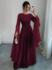 Women Elegant Floor Length Dress Pleated Long Sleeve O Neck Solid Middle East Style Evening Dresses For Party