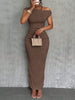 Water Ripple Slanted Shoulder Dress Women's Elegant And Simple Solid Color A-line Collar Mid-waist Sexy Hip Wrap Skirt
