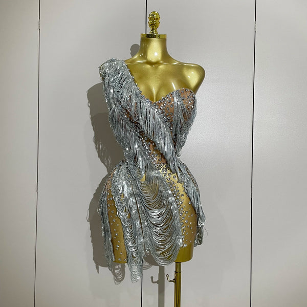Stock Sparkly Rhinestone Sequins Tassel Mesh One Shoulder Short Dress Women Evening Birthday Party Nightclub Stage Costume