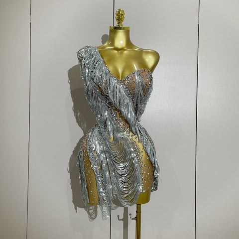 Stock Sparkly Rhinestone Sequins Tassel Mesh One Shoulder Short Dress Women Evening Birthday Party Nightclub Stage Costume