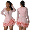 Women Dress Diamonds Splice Ruffles Mini Dresses Square Collar Full Sleeve Slim Fit Sold Evening Party Vestidos Elegant Ladies