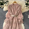 Chic Lace Slim Stand Collar Long Sleeve Spliced Single Breasted Dress High Street Vintage Evening Women Autumn Winter Clothing