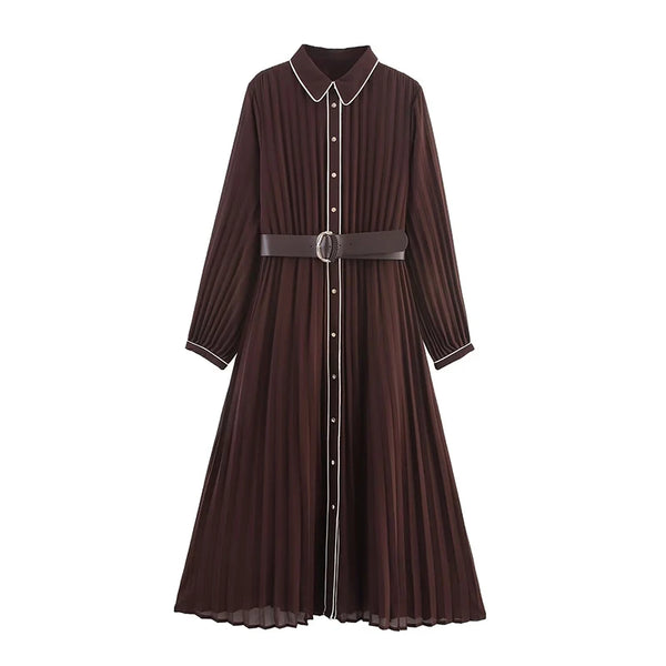 Women Brown With Belt Pleated Midi Dress Front Button Long Sleeve Chiffon Autumn Dresses Female Office Vestidos