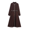 Women Brown With Belt Pleated Midi Dress Front Button Long Sleeve Chiffon Autumn Dresses Female Office Vestidos