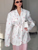 Flowers Print Loose Suit Collar Coat For Women Elegant Belted Waist Cinching Suit Jacket Female Street Chic Top