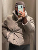 Buttoned Tie-Waist Stand Collar Puffer Jacket Solid Long Sleeve Winter Cozy Warm Women Outerwear Chic Casual Lady Coat