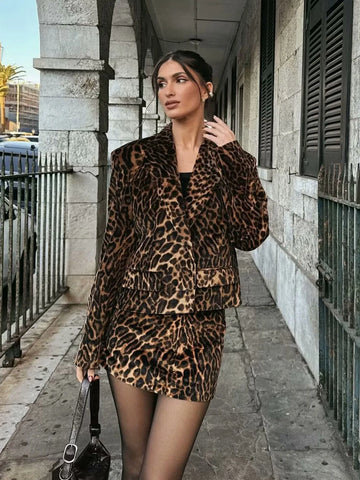Long Sleeve Blazers Top Women 2 Pieces Leopard Printed Mini Skirt Sets Women's Suit Two Piece Set Women Outfit