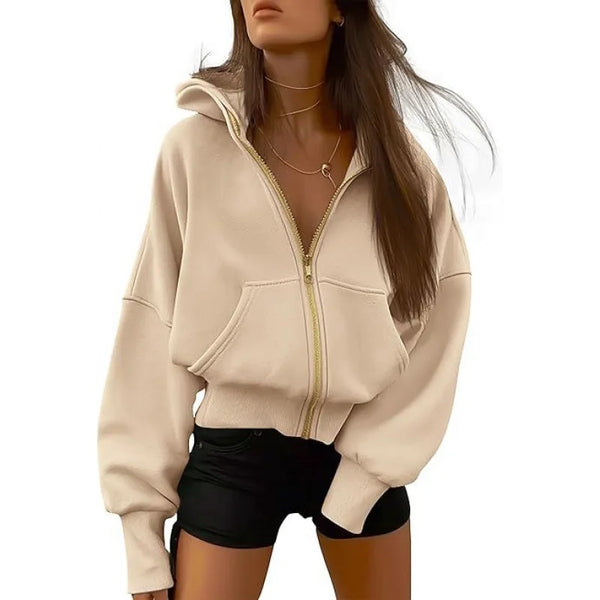 Solid Color Oversized Zipper Jacket for Women Spring Autumn Loose Versatile Hooded Sweatshirts Pocket Casual Hoodies Outerwear