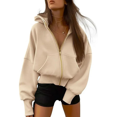 Solid Color Oversized Zipper Jacket for Women Spring Autumn Loose Versatile Hooded Sweatshirts Pocket Casual Hoodies Outerwear