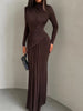 Folds Maxi Dress Women o-Neck Full Sleeve Solid Banquet Elegant Vacation Autumn Skinny Casual Simple Vestidos