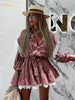 Loose Print Women Dress Elegant Lace-Up Long Sleeve Office Mini Dresses Casual Lace Spliced Pleated Female Dress
