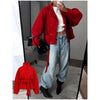 Solid Tie Waist Cinching Suede Jackets Women Chic Stand Up Collar Loose Crop Short Coats Lady Autumn Commute Daily Outfit