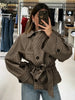 Chic Plaid Loose Women's Autumn Coats Belts Double-Breasted Lace-Up Turn-Down Collar Full Sleeve Lady Jacket Female Outwear