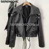 Women's Black Faux Leather Cropped Moto Jacket Asymmetric Zip PU Biker Coat Female Autumn Vintage Punk Outerwear