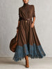 Women Vintage Boho Turtleneck Long Sleeve Maxi Dress Lace Hem Sashes Waist Flowy Long Dress Fall Winter Elegant Ladies Robe