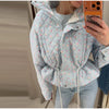Floral Print Zip Button Stand Collar Quilted Jacket Drawstring Waist Oversized Autumn Women Coat Casual Chic Lady Outerwear