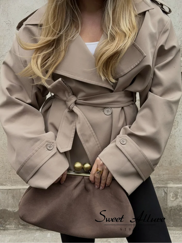 Women Lapel V-neck Belt Trench Coat Lace Up Button Full Sleeve Short Thin Windbreak Lady Daily Street Outerwear