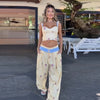 Floral Print Sweetheart Cami Crop Top Lace Up Wide Leg Pants Autumn Women Two Piece Outfit Street Ladies Casual Suit