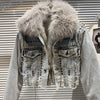 Real Fur Denim Jacket Women Autumn Fried Street Style Natural Fox Fur Collar + Rabbit Fur Liner Warm Rivet Short Jean Coat