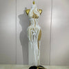 Sexy Mesh See Through Long Dress Women Elegant White Pearls Sequins Birthday Evening Celebrate Party Nightclub Show Stage Wear