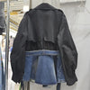 Contrasting Color Splicing Coat for Women Retro Suit Collar Double-breasted Denim Jackets