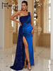 Wine Sequin Evening Dress Elegant Women One Shoulder Draped Split Wedding Party Prom Dresses Bridesmaid Wine Long Gown