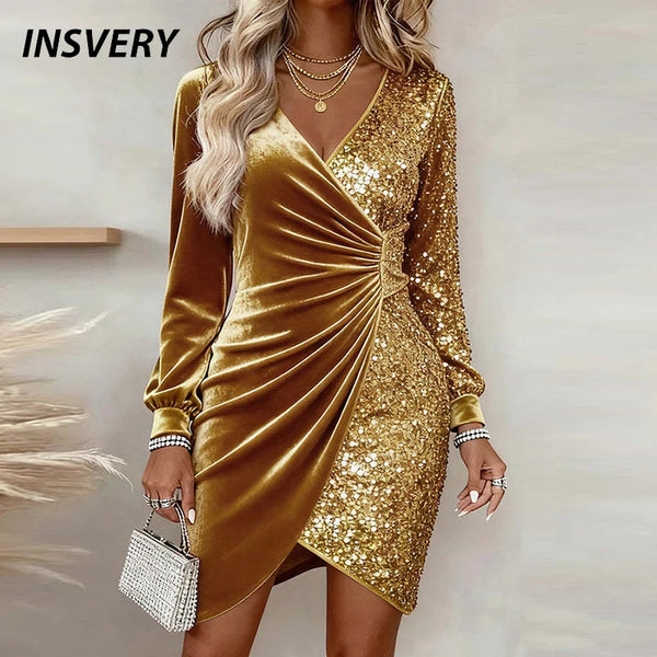 Elegant Sequins Design Long Sleeve Party Dress Women Sexy V Neck Bodycon Dresses For Women Evening Dress Christmas Clothes