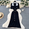 French Style Vintage Panelled Moda Dress Turn-down Collar Puff Sleeve Slim Vestidos Elegant Vent Knit Femme Robe