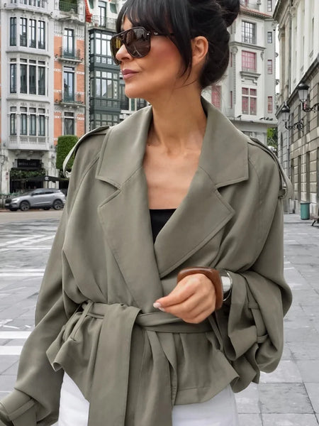 Women's Lace Up Cropped Trench Coat Lapel Long Sleeve Solid Loose Jacket Autumn Winter Female Street Outerwear