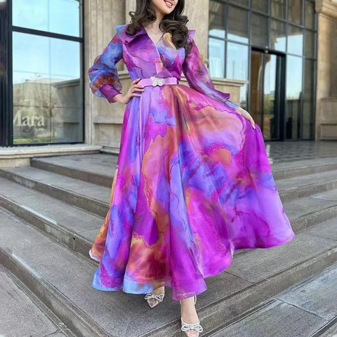 Print Dress Women Long Dresses Full Sleeve Sashes Tight Waist Autumn Female Temperament Elegant Office Lady Vestidos