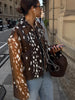 Women Chic Cropped Leopard Faux Fur Coat Contrast Black Fur Collar Cuff Button Short Furry Coats Lady Winter Chic Streetwear