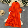 Spring Vintage Loose Dresses Women Lantern Sleeve Turn-down Collar Solid Single Breasted Casual Folds Long Dress