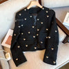 Autumn Winter Heart Buckle Black Wool Tweed Short Jacket Coat Women Vintage Long Sleeve V Neck Wave Cardigan Outwear Top