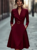 Women Long Sleeve V Neck Midi Dress With Belt A Line Swing Skirt Elegant Office Party Cocktail Wear