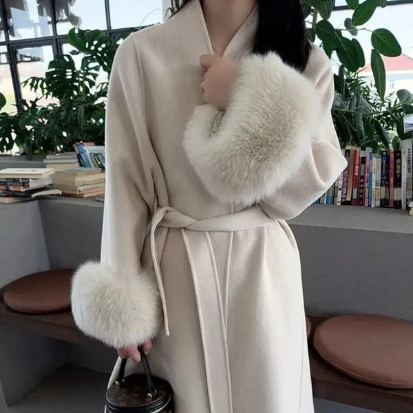 Women Autumn Winter Woolen Coat French Style Fur Sleeves Mid-Length Woolen Coat Women Long Coat Loose Outwear