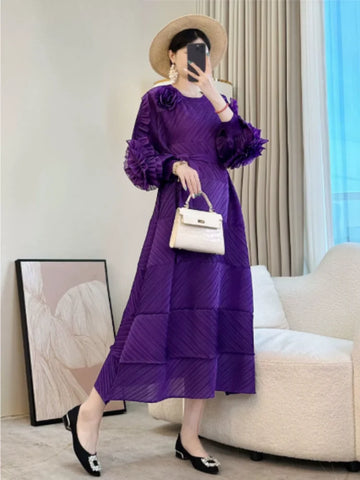 Bandage Dresses Three Dimensional Flower Splicing Design Women's Pleated Dress Chic Cloth